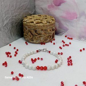 White Howlite Spun Gold With Red Australian Crystals Bracelet For Women or Men